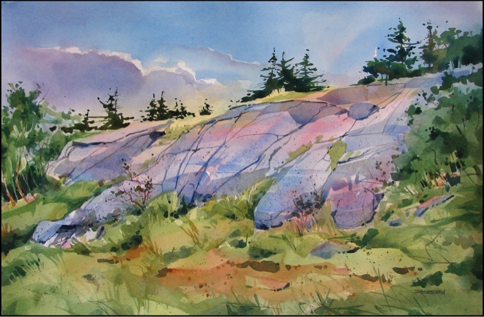 wc painting: Rocks show through a grassy hill with high horizon, clouds and trees in the background.